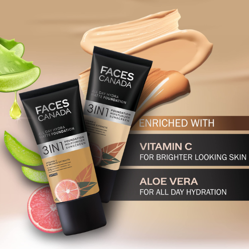 FACES CANADA All Day Hydra Matte Foundation | 3-in-1 Foundation + Moisturizer + SPF 30 | 24 HR Aloe Hydration & Vitamin C 25ml