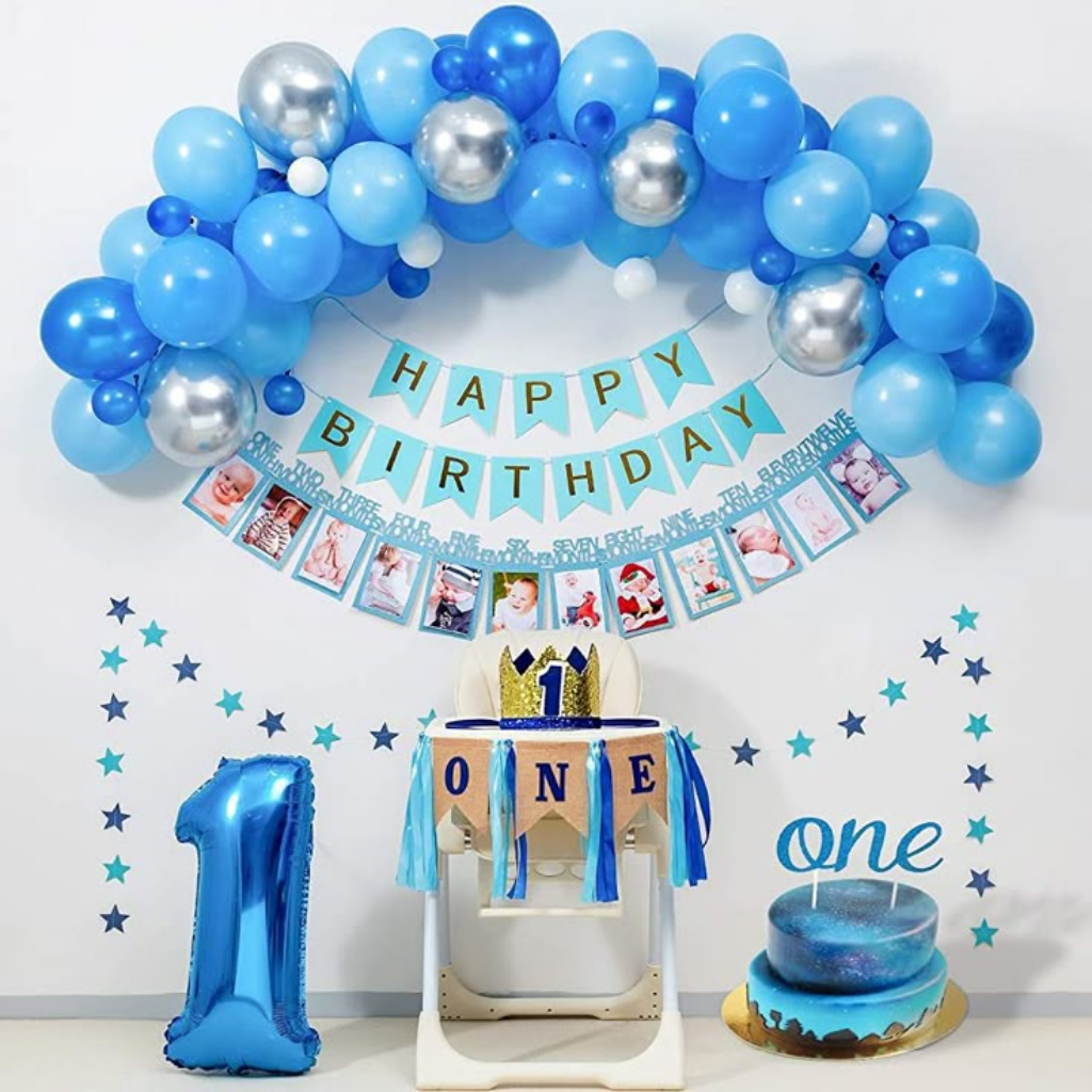 Blue First Birthday Decoration Set – Baby Boy Balloon Arch & Memory Banner Kit