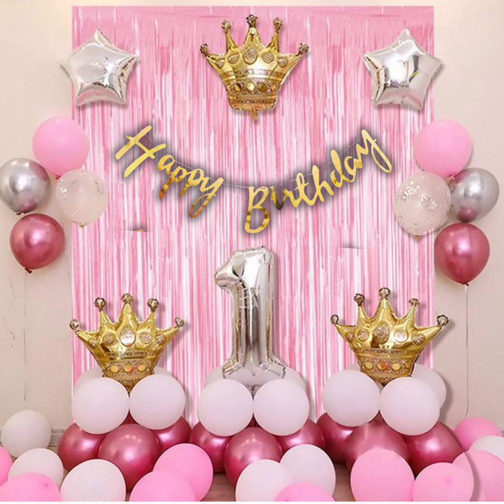 Pink & Silver First Birthday Decoration Set – Crown Theme Balloon Party Kit