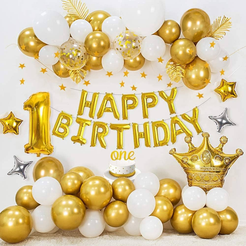  Gold & White 1st Birthday Decoration Set – Luxury Crown Theme Party Kit