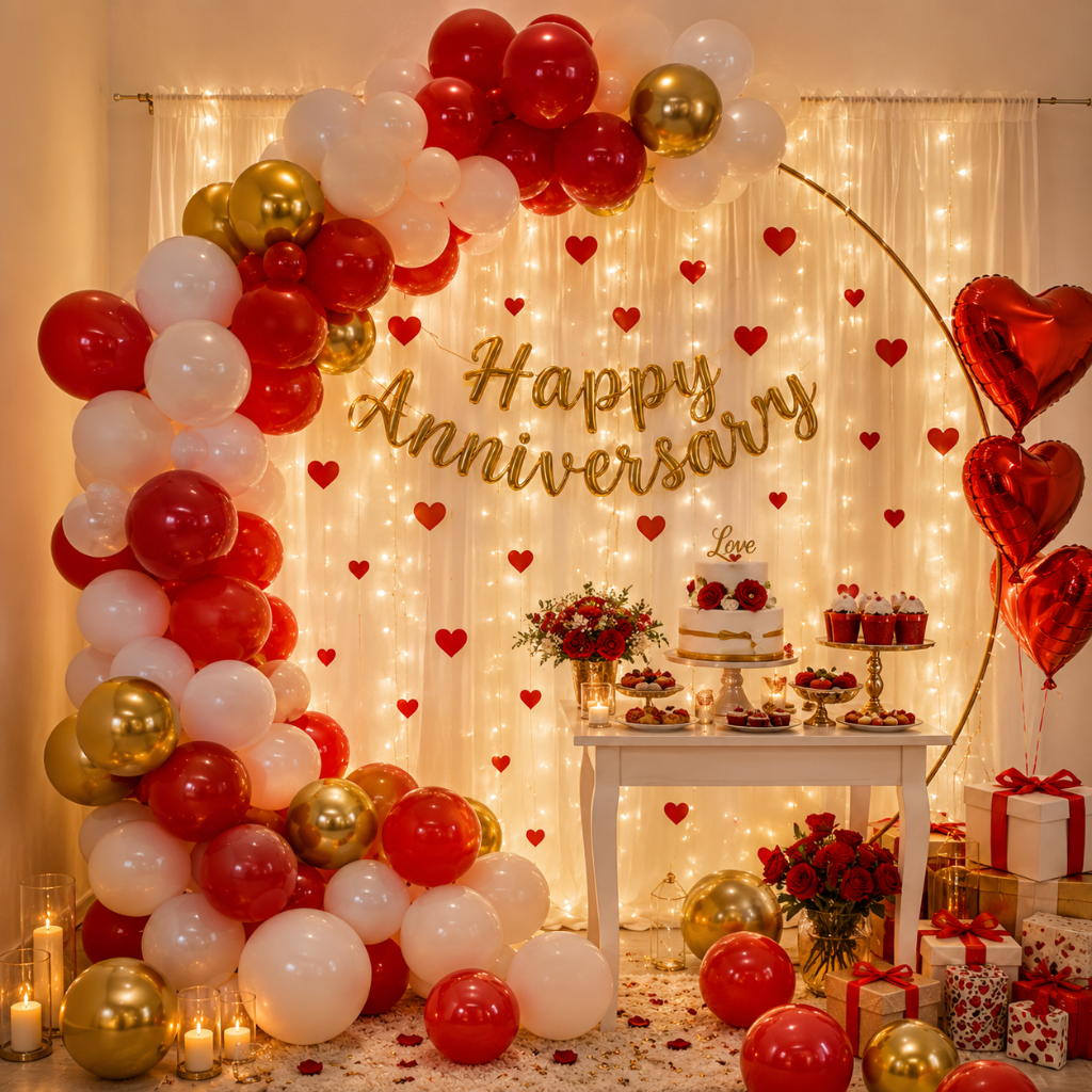 Romantic Red & Gold Happy Anniversary Decoration Set with Fairy Lights & Heart Foil Balloons