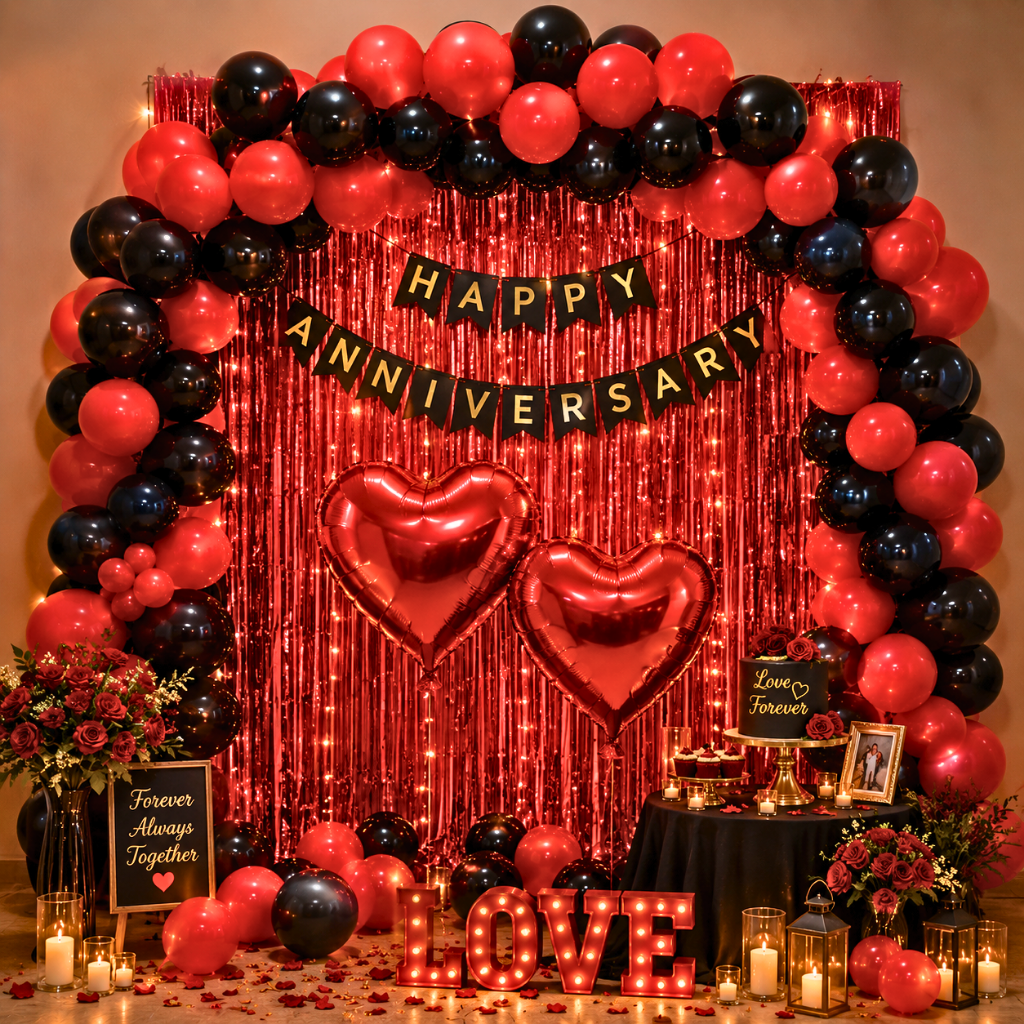 Romantic Red & Black Happy Anniversary Decoration Set with Fairy Lights