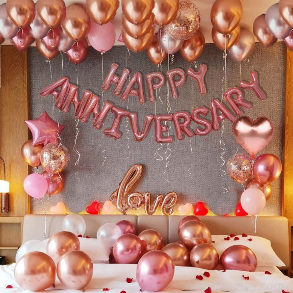  Rose Gold Happy Anniversary Decoration Set with Love Foil Balloons