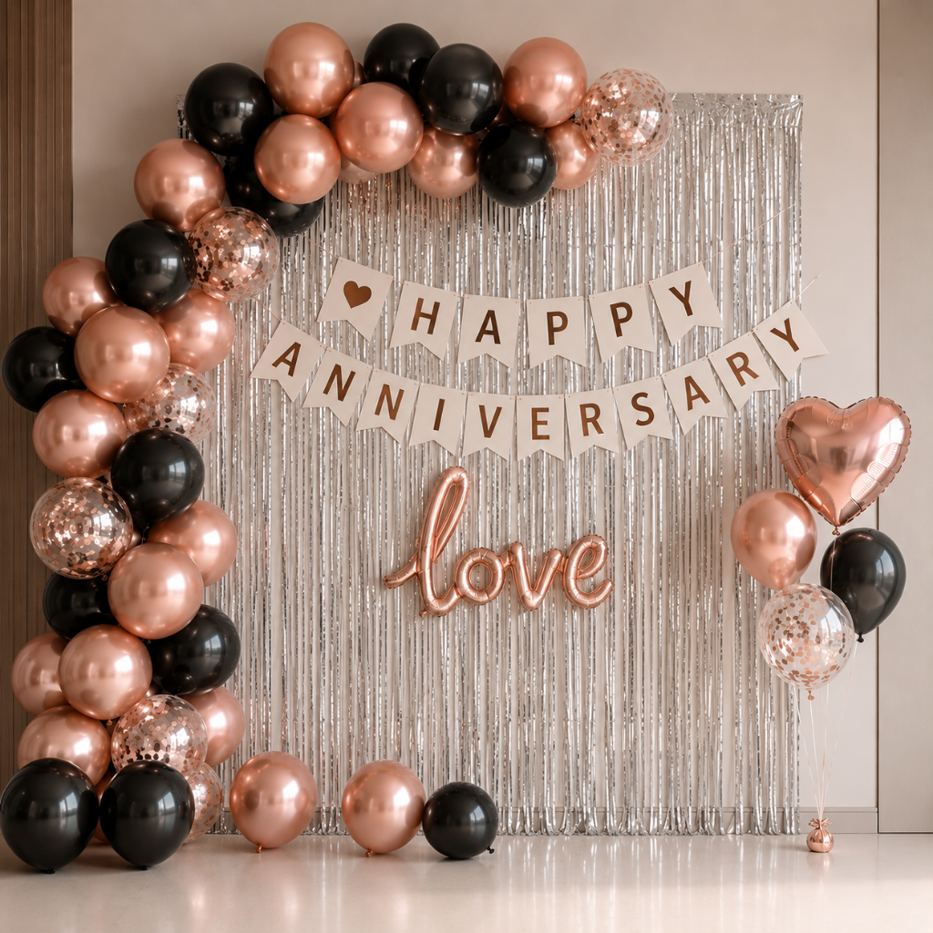 Rose Gold & Black Happy Anniversary Decoration Set with Love Foil Balloon