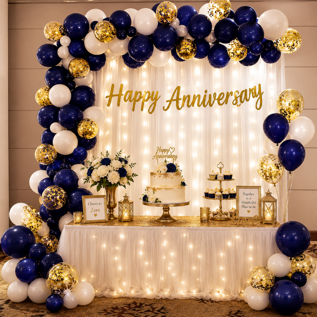 Royal Blue & Gold Happy Anniversary Decoration Set with Fairy Lights