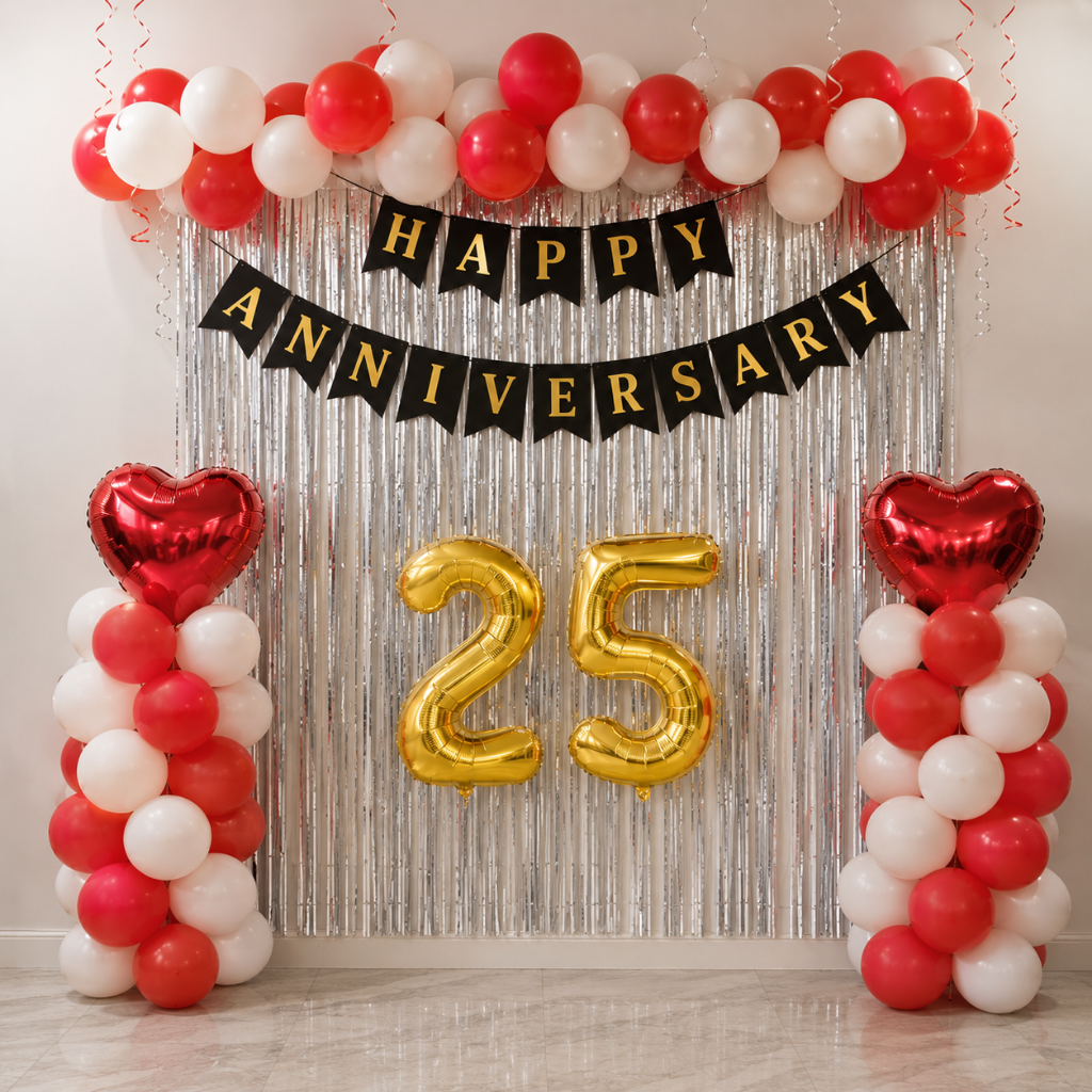 Red & White Happy Anniversary Decoration Set with Custom Number Balloons
