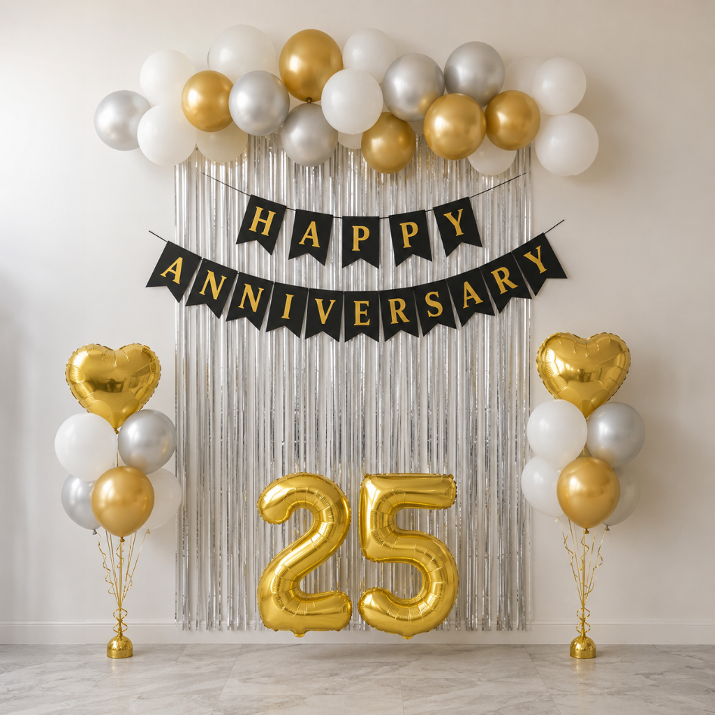 Gold, White & Silver Happy Anniversary Decoration Set with Custom Number Balloons