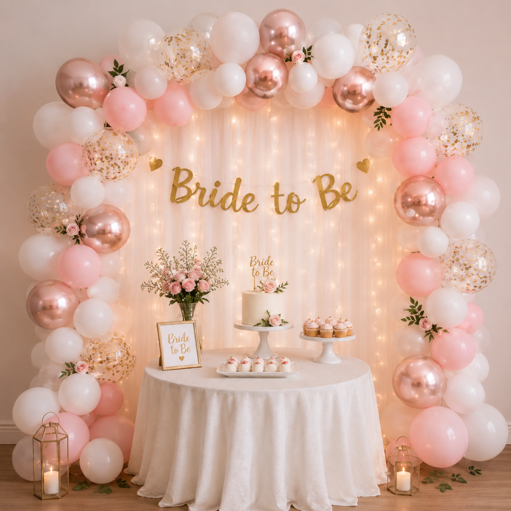 Bride To Be Rose Gold & Pastel Pink Balloon Decoration Set with Fairy Lights