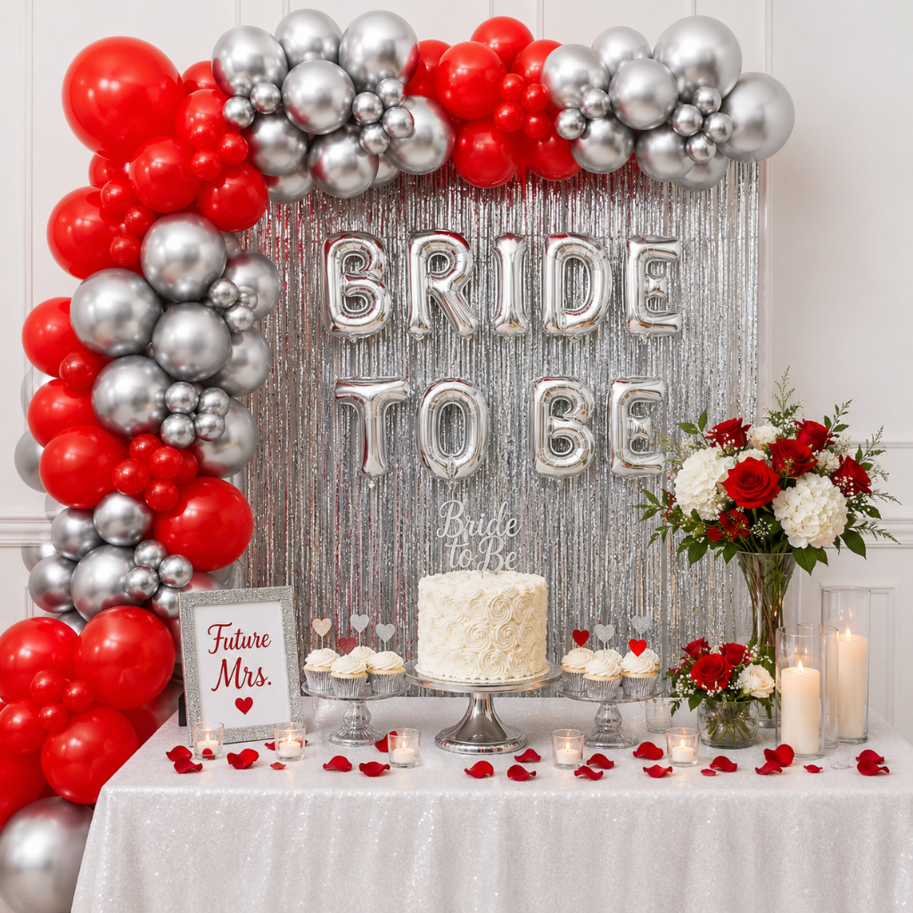 Bride To Be Red & Silver Balloon Decoration Set with Silver Foil Curtain