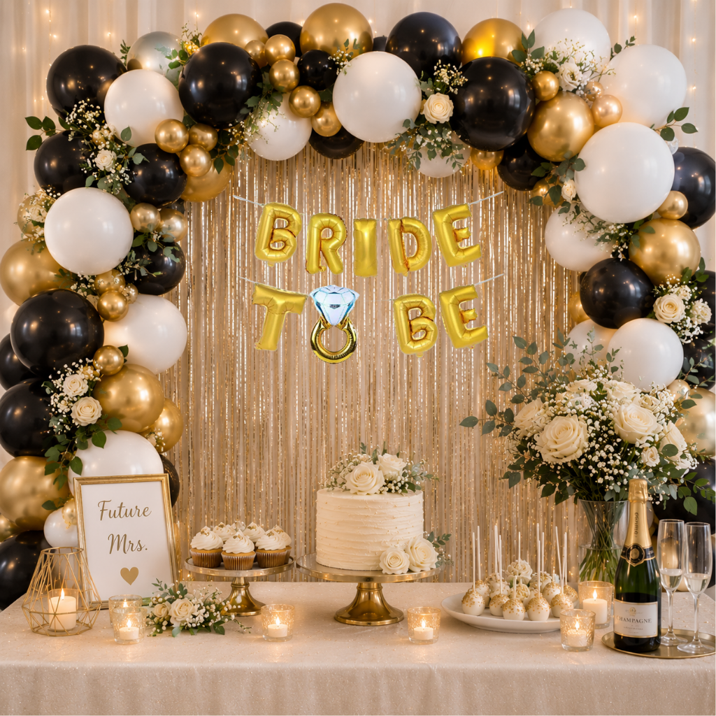  Bride To Be Black, Gold & White Balloon Decoration Set with Gold Foil Curtain