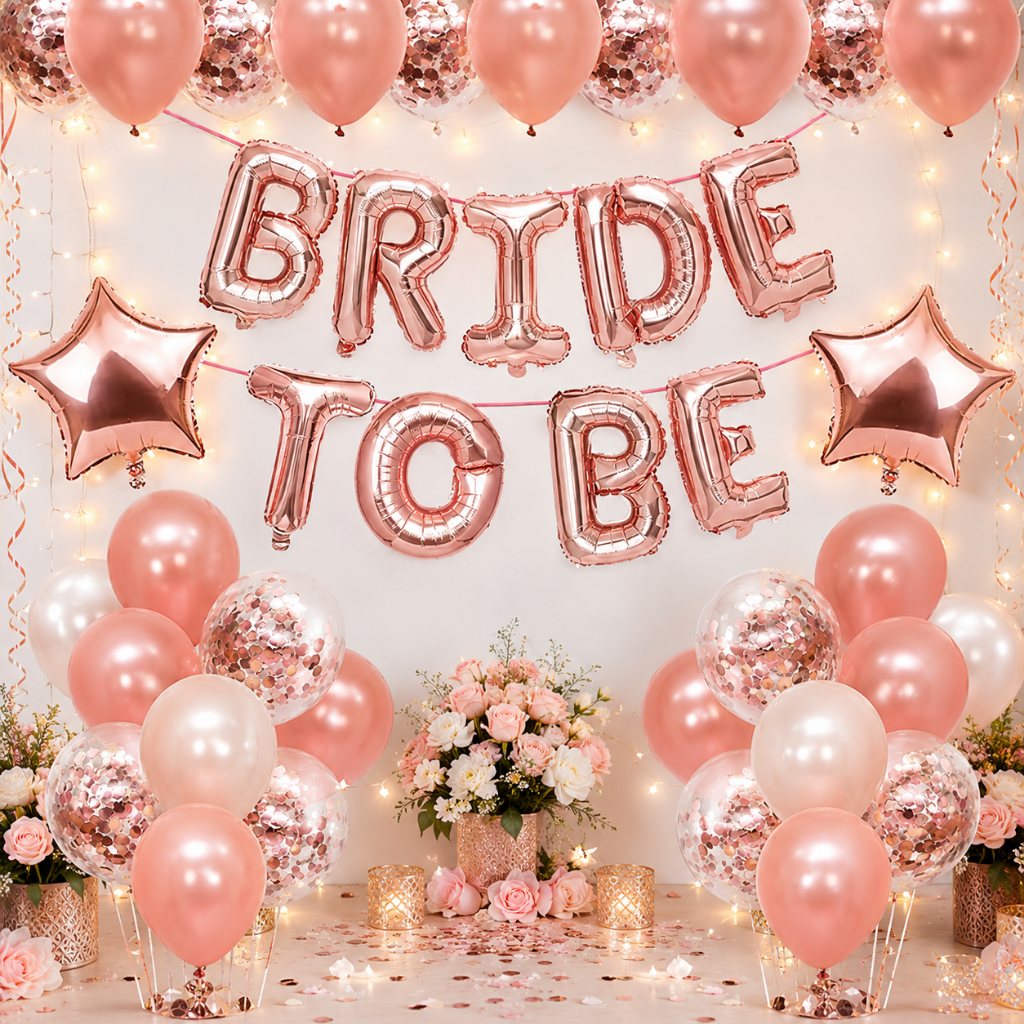 Bride To Be Rose Gold Balloon Decoration Set with Fairy Lights & Star Foil Balloons